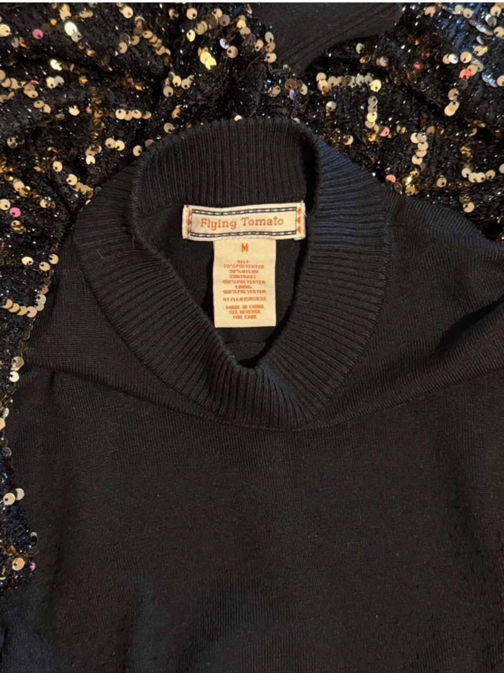 Black Mock-Neck Sweater with Sequin Puff Sleeves - Picture 6 of 9
